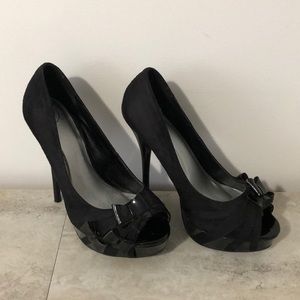Black peep toe heels with bows